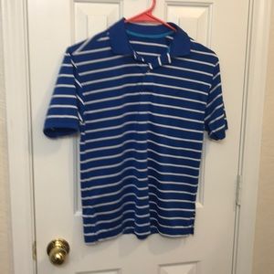 Blue and white striped polo shirt